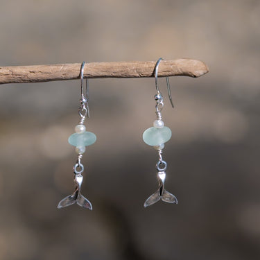 Sterling Silver Dainty Aqua Blue Sea Glass + Mini Baroque Pearl Whale Tail Earrings